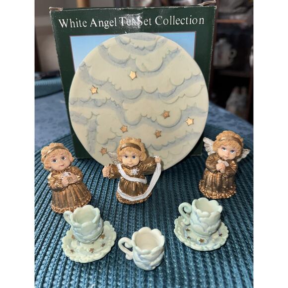 1995 Young’s White Angel Tea Set Collection Miniature Figurines w/ Box Preowned - Picture 2 of 7